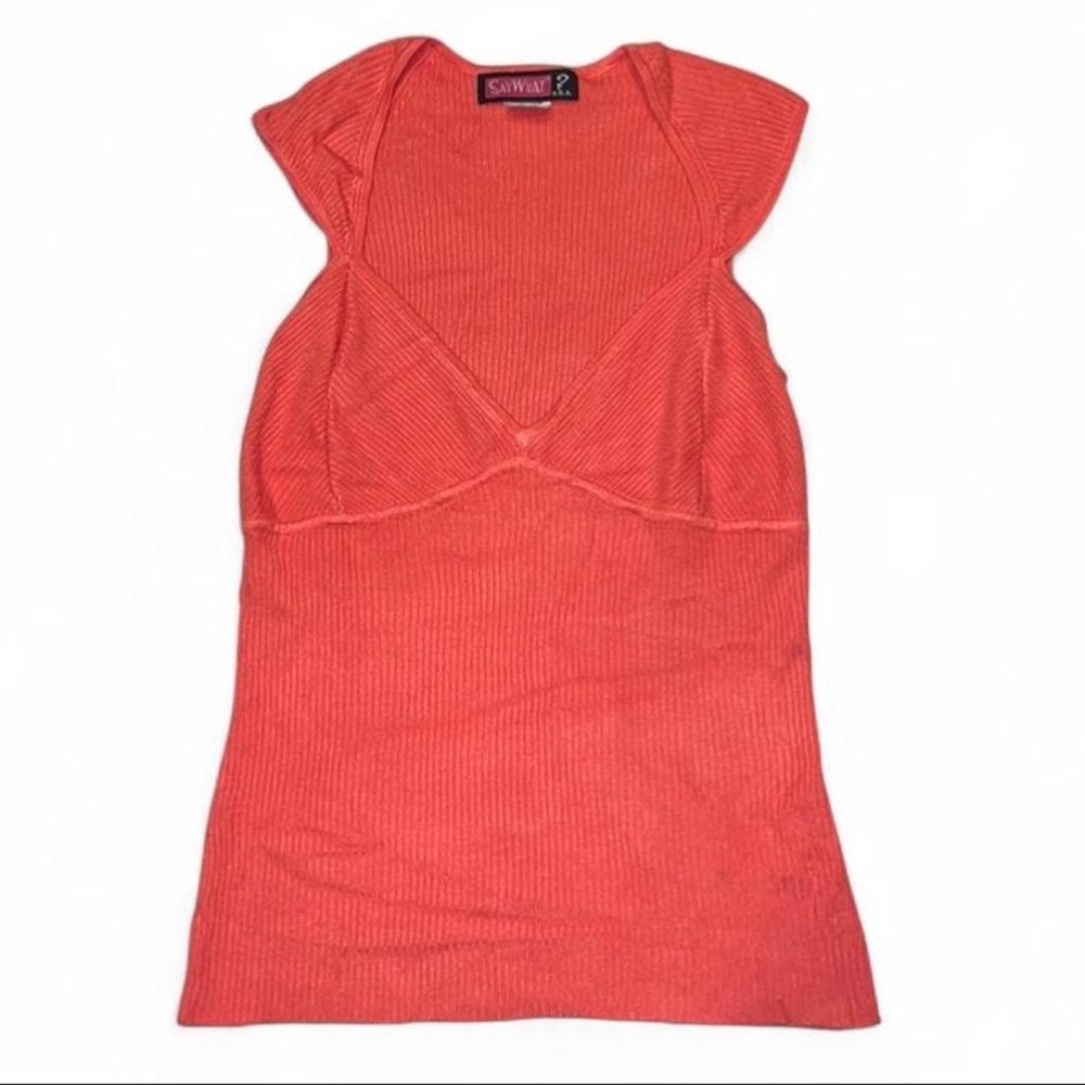 Vintage Y2K Say What? Ribbed Top with Cap Sleeves and V-neck